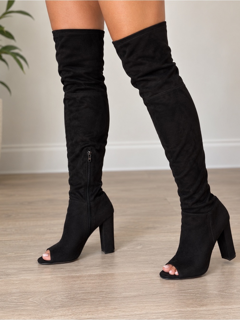 Like New Women's Black Suede Peep Toe Over the Knee Block Heel Boots Size 9